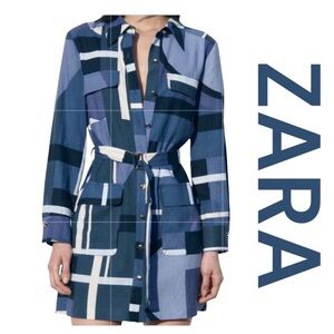 ZARA Geometric Print Button Front Mini Shirtdress, Long Sleeve, Size M.